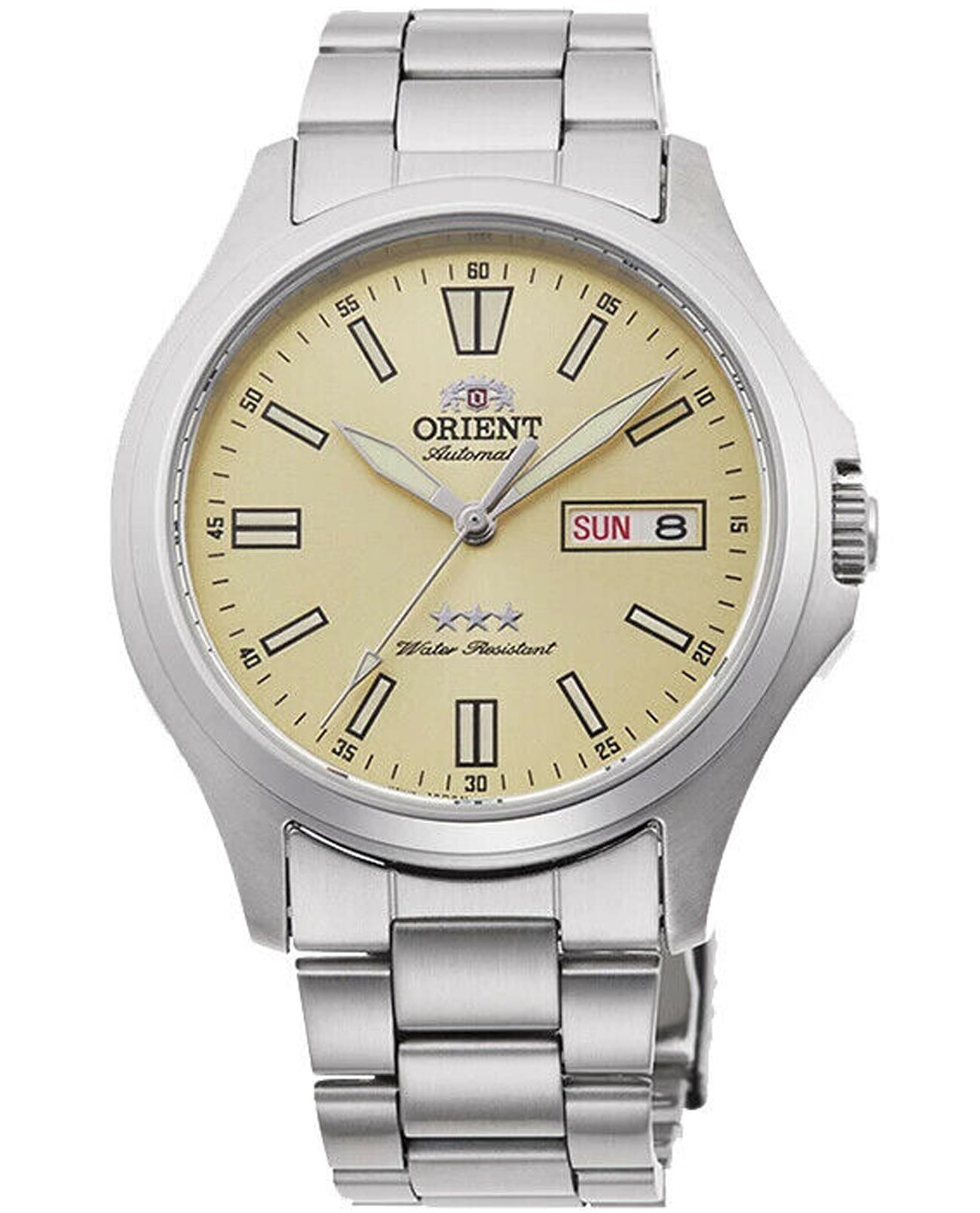 Orient Orient 3 Stars RA-AB0F11G (RN-AB0F11G)  RA-AB0F11G механические мужские часы желтый циферблат, браслет нержавеющая сталь — вид спереди